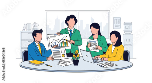 Modern vector illustration of business team discussing corporate tax strategy with financial charts in meeting room. Company compliance and fiscal planning concept