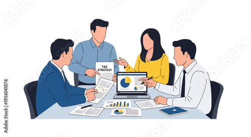 Modern vector illustration of business team discussing corporate tax strategy with financial charts in meeting room. Company compliance and fiscal planning concept
