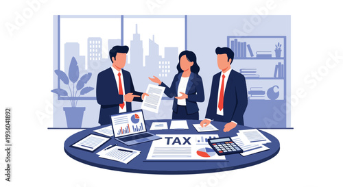 Modern vector illustration of business team discussing corporate tax strategy with financial charts in meeting room. Company compliance and fiscal planning concept