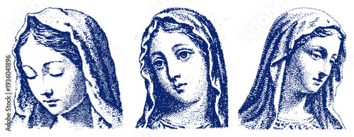 Set of three vintage portraits depicting the Virgin Mary in different traditional styles
