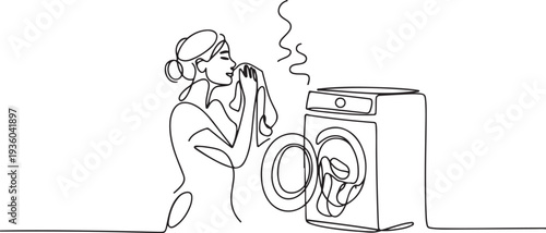 Continuous line drawing of a woman smelling freshly washed clothes from a washing machine. one line art icon drawing vector