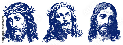Three different vintage portraits of jesus christ with crown of thorns in engraving style