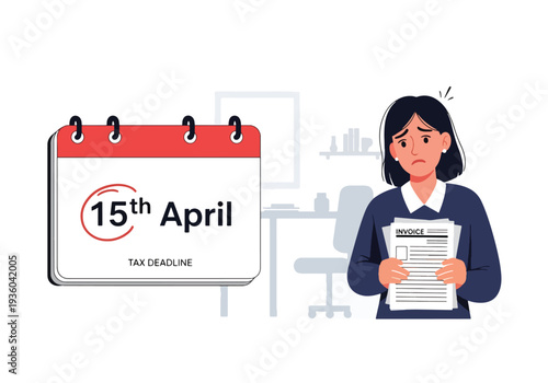 Modern vector illustration of stressed freelancer checking calendar marked with tax deadline. Financial responsibility and annual tax season pressure concept