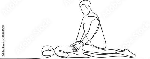 Continuous line drawing of a chiropractor assisting a patient. Single-line illustration depicting physical therapy, spinal adjustment, one line art icon drawing vector