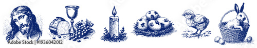 Collection of christian and easter symbols including jesus and bunny in vintage engraving style