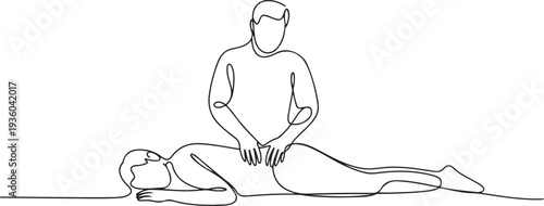 Continuous line drawing of a chiropractor assisting a patient. Single-line illustration depicting physical therapy, spinal adjustment, one line art icon drawing vector