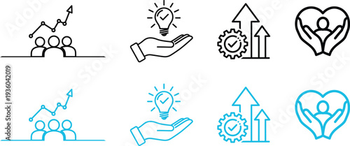A collection of eight icons representing business growth innovation and teamwork