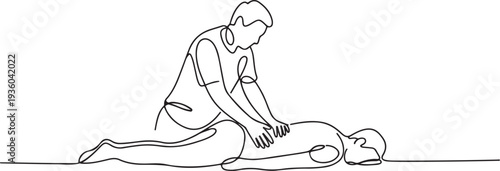 Continuous line drawing of a chiropractor assisting a patient. Single-line illustration depicting physical therapy, spinal adjustment, one line art icon drawing vector