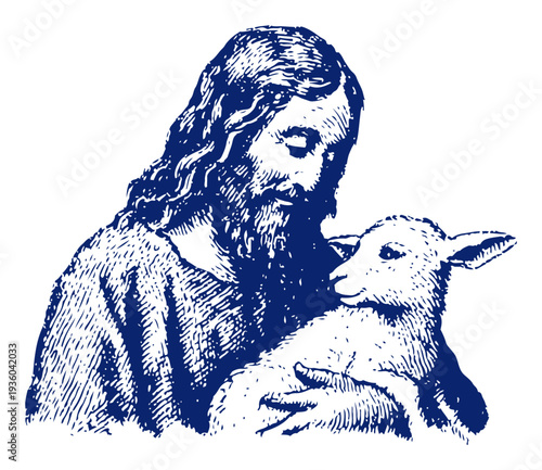 Jesus Christ holding a small lamb as the good shepherd in vintage engraving style