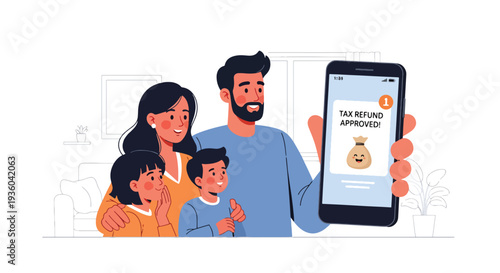 Modern vector illustration of happy family receiving tax refund notification on smartphone. Government return payment and personal finance relief concept