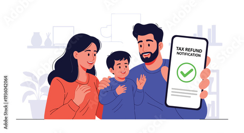 Modern vector illustration of happy family receiving tax refund notification on smartphone. Government return payment and personal finance relief concept