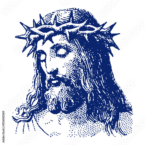 Close up portrait of Jesus Christ wearing the crown of thorns in engraving style
