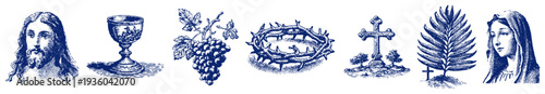 Collection of religious christian icons including crown of thorns and eucharist symbols