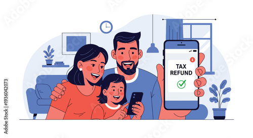 Modern vector illustration of happy family receiving tax refund notification on smartphone. Government return payment and personal finance relief concept