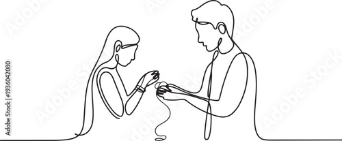 Continuous line illustration of Raksha Bandhan celebration, showing sister tying rakhi on brother’s wrist with minimalist style and red accent, perfect for festival, one line art icon drawing vector