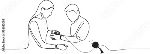 Continuous line illustration of Raksha Bandhan celebration, showing sister tying rakhi on brother’s wrist with minimalist style and red accent, perfect for festival, one line art icon drawing vector