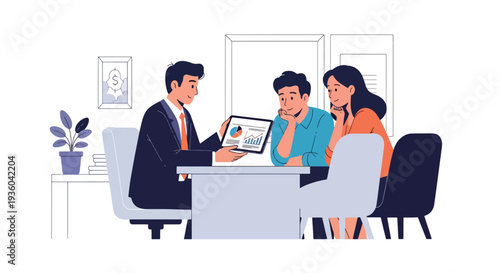 Flat vector illustration of financial advisor explaining tax deduction report to couple in modern office, accounting consultation concept for income tax filing, savings strategy, and business finance 