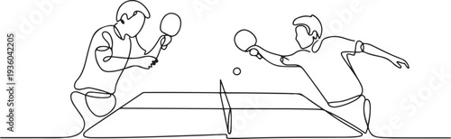Continuous line drawing of two people playing table tennis, one line art icon drawing vector