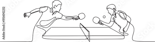 Continuous line drawing of two people playing table tennis, one line art icon drawing vector