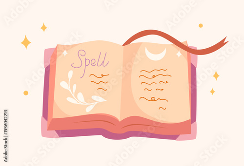A cute illustration of an open spell book with illustrations and a ribbon bookmark in soft pastel colors. Great for card, seasonal print, poster, invitation, sticker