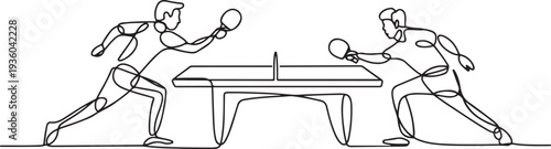 Continuous line drawing of two people playing table tennis, one line art icon drawing vector