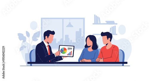 Flat vector illustration of financial advisor explaining tax deduction report to couple in modern office, accounting consultation concept for income tax filing, savings strategy, and business finance 