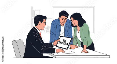 Flat vector illustration of financial advisor explaining tax deduction report to couple in modern office, accounting consultation concept for income tax filing, savings strategy, and business finance 