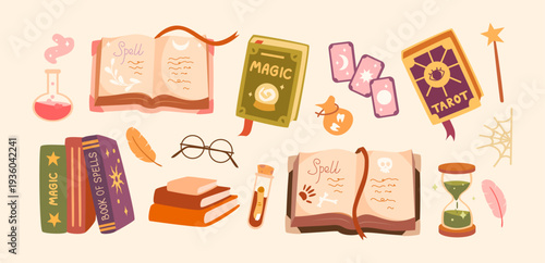 A cute Halloween set with magical items. Spell books, potions, tarot cards, a crystal ball, feathers, a magic wand, glasses and an hourglass. For stickers, poster, card, seasonal decor