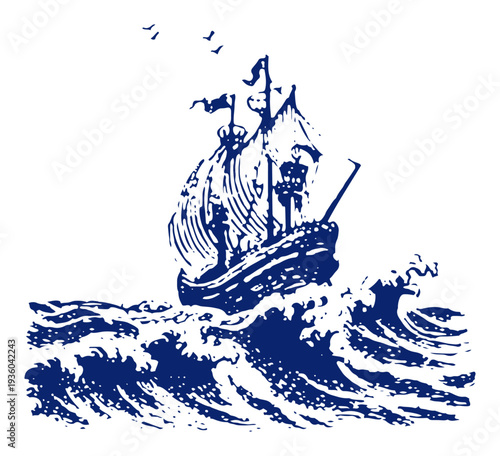 Historic sailing ship navigating through stormy ocean waves in vintage woodcut style