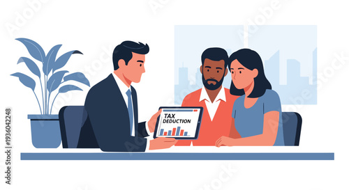 Flat vector illustration of financial advisor explaining tax deduction report to couple in modern office, accounting consultation concept for income tax filing, savings strategy, and business finance 