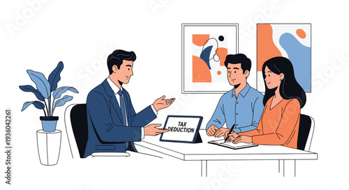 Flat vector illustration of financial advisor explaining tax deduction report to couple in modern office, accounting consultation concept for income tax filing, savings strategy, and business finance 
