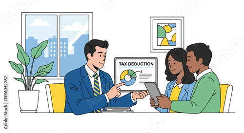Flat vector illustration of financial advisor explaining tax deduction report to couple in modern office, accounting consultation concept for income tax filing, savings strategy, and business finance 