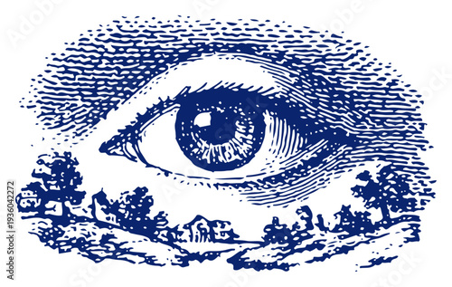 Eye of providence watching over a peaceful village landscape in vintage sketch style