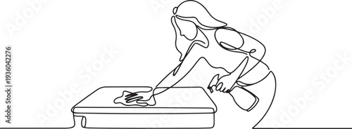 Continuous line drawing of a woman cleaning a table with a spray bottle and cloth, one line art icon drawing vector