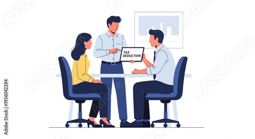 Flat vector illustration of financial advisor explaining tax deduction report to couple in modern office, accounting consultation concept for income tax filing, savings strategy, and business finance 