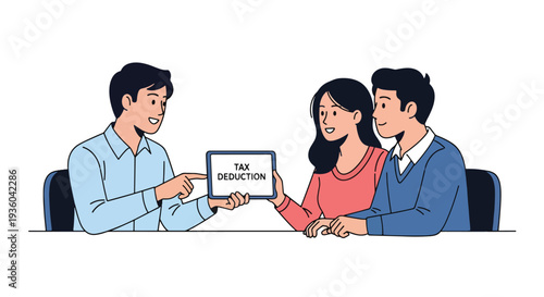 Flat vector illustration of financial advisor explaining tax deduction report to couple in modern office, accounting consultation concept for income tax filing, savings strategy, and business finance 