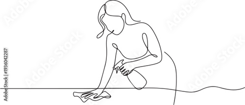 Continuous line drawing of a woman cleaning a table with a spray bottle and cloth, one line art icon drawing vector