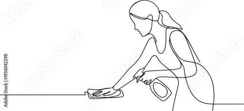 Continuous line drawing of a woman cleaning a table with a spray bottle and cloth, one line art icon drawing vector