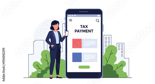 Modern vector illustration of individual paying tax through mobile banking application. Secure online transaction and digital finance compliance concept