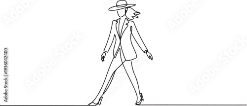 Continuous line drawing of a stylish woman in blazer and hat, walking confidently. one line art icon drawing vector