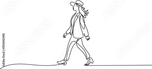 Continuous line drawing of a stylish woman in blazer and hat, walking confidently. one line art icon drawing vector