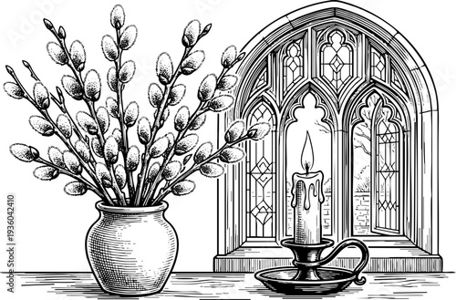 Pussy Willow Branches and Burning Candle with Gothic Church Window Engraving Art for Easter, Spring Devotion, Christian Faith Art, and Holy Week Spiritual Content