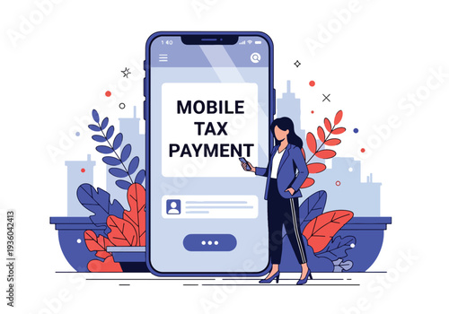 Modern vector illustration of individual paying tax through mobile banking application. Secure online transaction and digital finance compliance concept