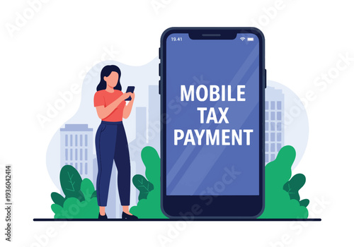 Modern vector illustration of individual paying tax through mobile banking application. Secure online transaction and digital finance compliance concept