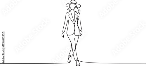 Continuous line drawing of a stylish woman in blazer and hat, walking confidently. one line art icon drawing vector