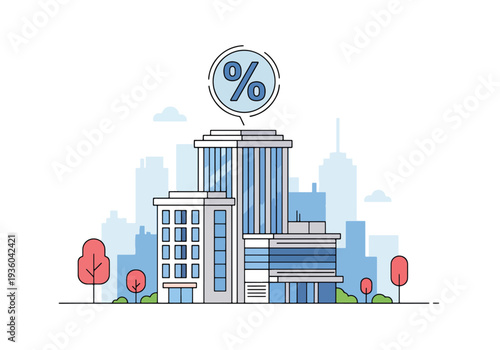 Flat vector illustration of modern office building with percentage symbol above, property tax and corporate rate concept for real estate investment, financial growth, banking and business economy
