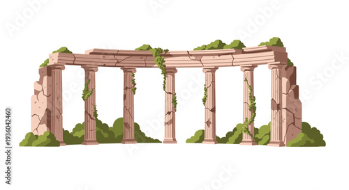 Ancient Roman ruins, a weathered stone pergola with multiple columns and a crumbling entablature, are overgrown with green vines.