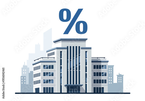 Flat vector illustration of modern office building with percentage symbol above, property tax and corporate rate concept for real estate investment, financial growth, banking and business economy