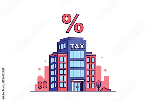 Flat vector illustration of modern office building with percentage symbol above, property tax and corporate rate concept for real estate investment, financial growth, banking and business economy