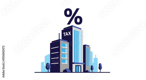 Flat vector illustration of modern office building with percentage symbol above, property tax and corporate rate concept for real estate investment, financial growth, banking and business economy
